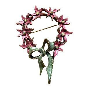 Vintage Pink Enamel Green Rhinestone Flower Bow Brooch Pin Gold Tone